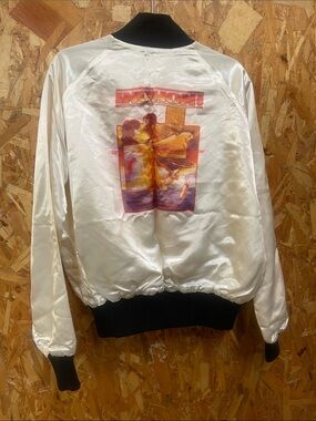 Vintage California brand White Satin Bomber Jacket with Red & Orange Graphic